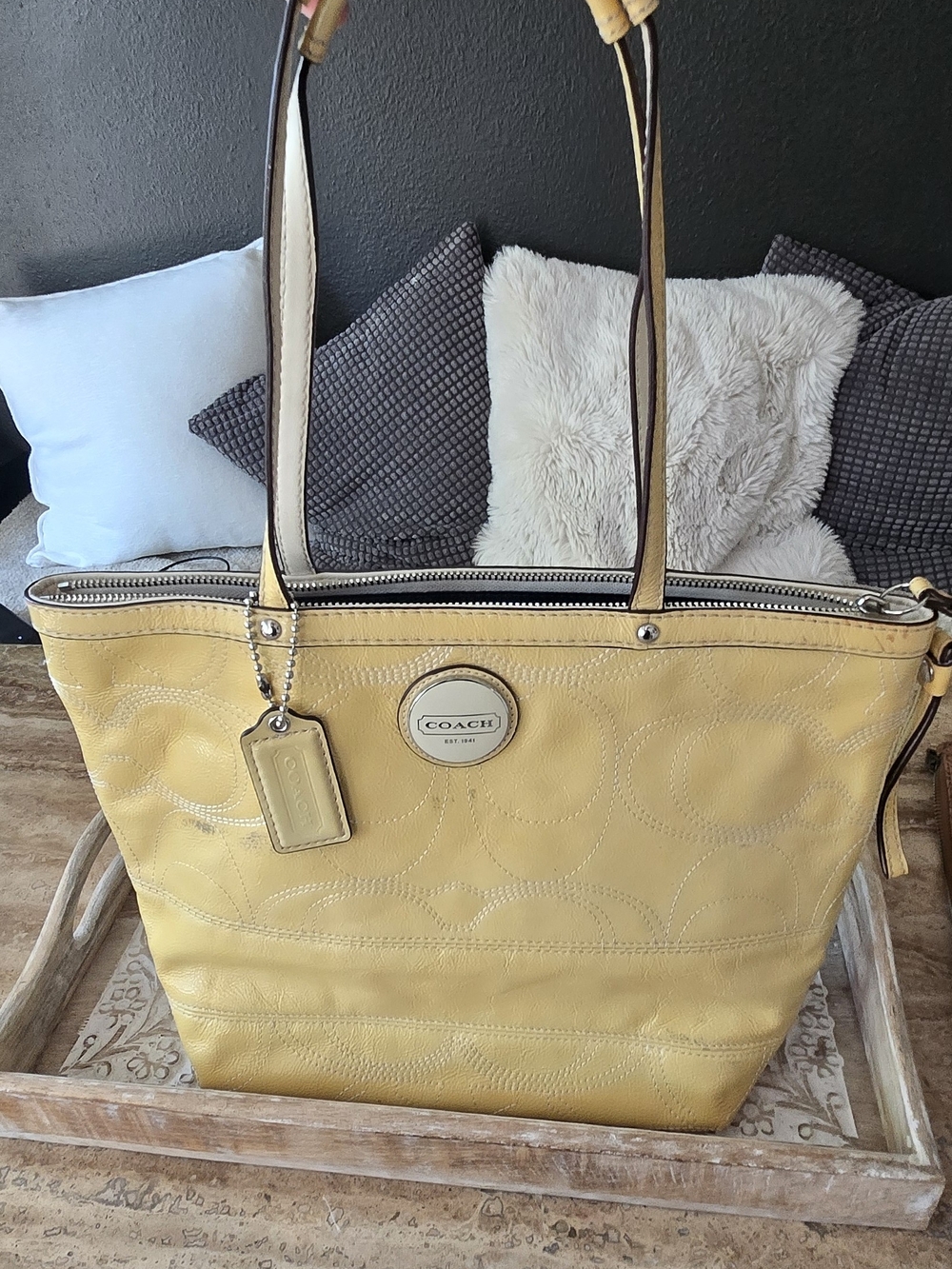Y2K Classic Coach Yellow Leather Tote with Signature Round Patch